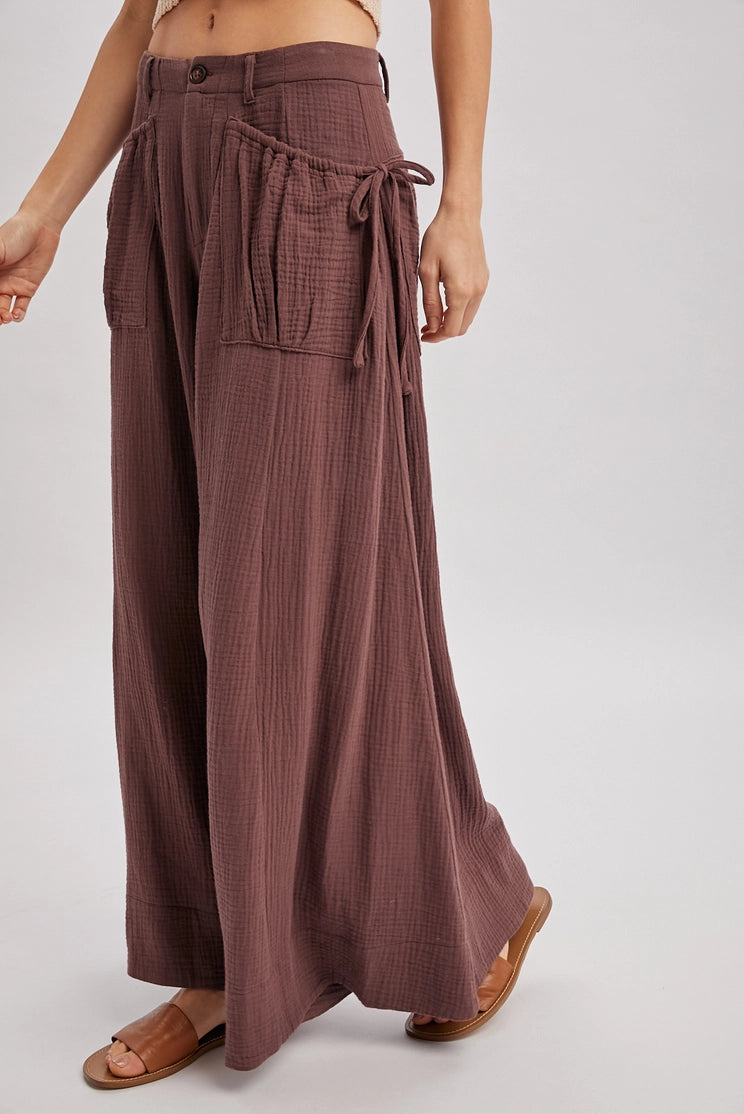 Drawstring Patch Pockets Wide Leg Pants