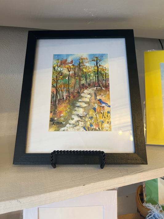 Framed and Matted Bird on Wooded Path (9"x11")