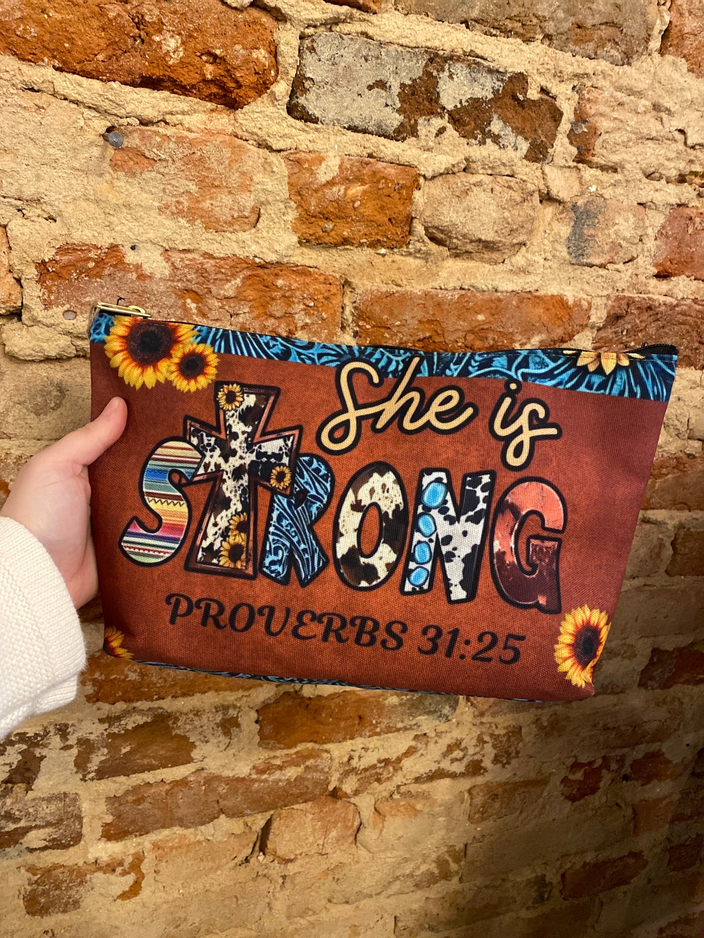 She is Strong Proverbs 31:25 Cosmetic Bag | Western Faith Inspired Sunflower Pouch