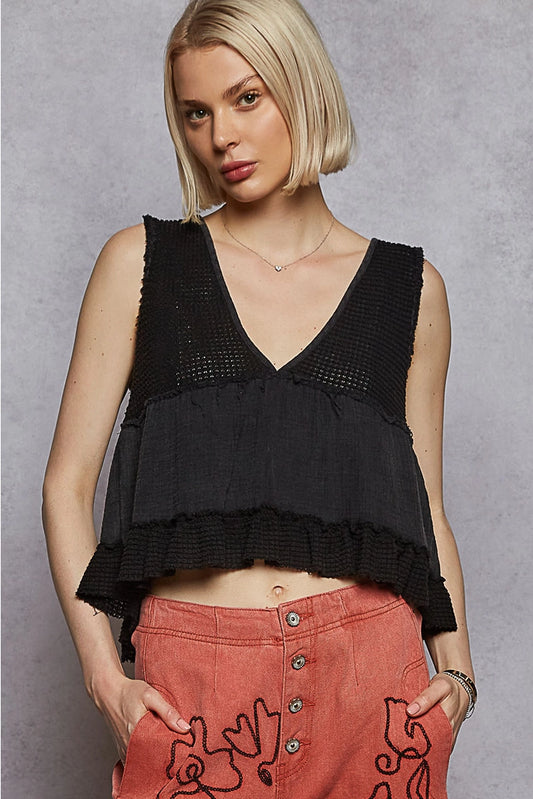Sleeveless Contrast Cropped Babydoll Top