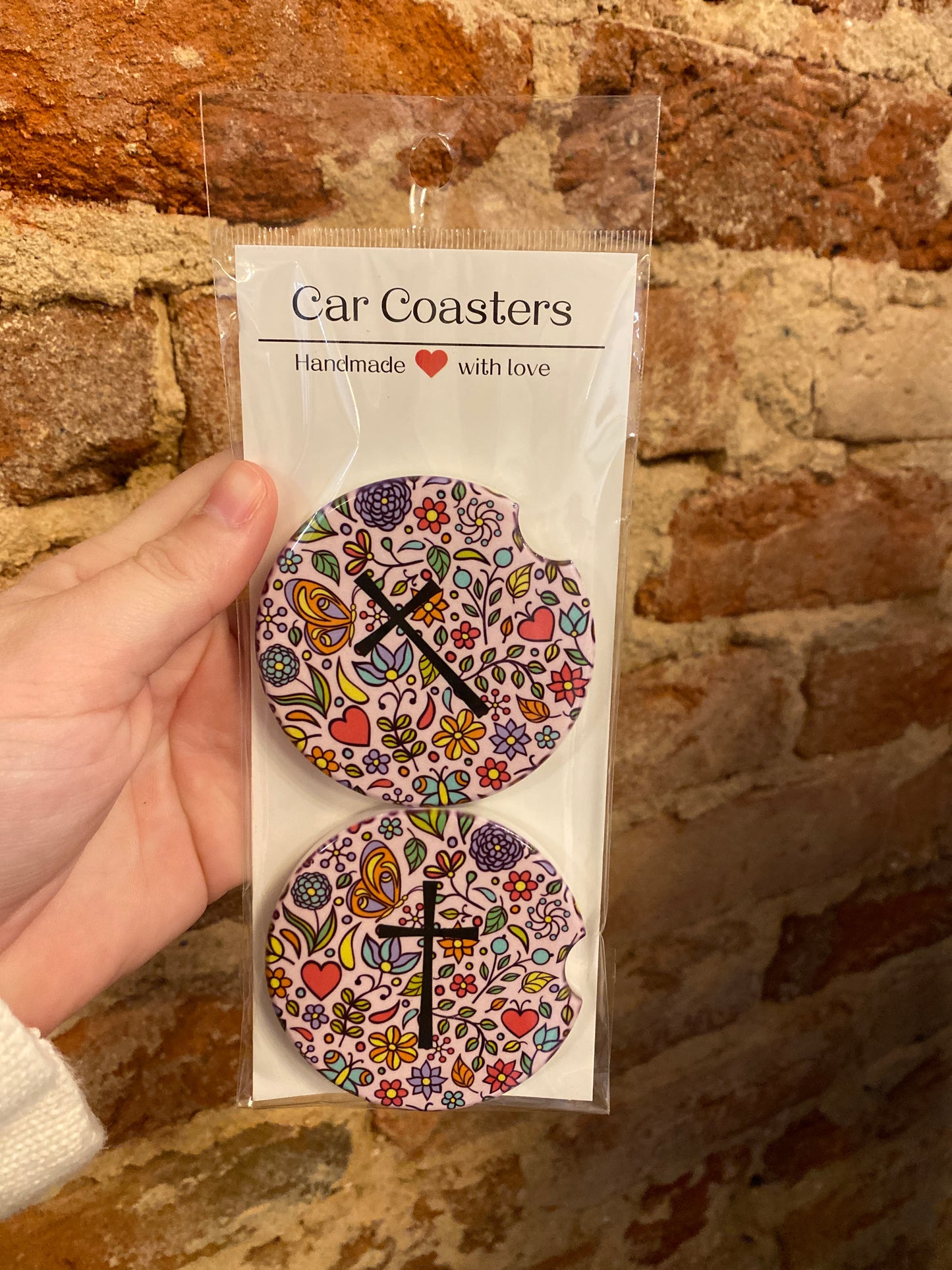 Floral Faith Car Coasters – Christian Cross & Colorful Blooms Set