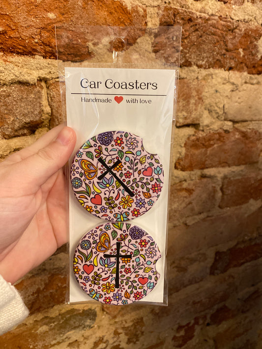 Floral Faith Car Coasters – Christian Cross & Colorful Blooms Set