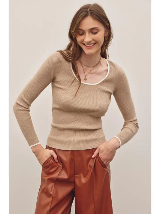 Contrast Edge Scoop Neck Ribbed Sweater
