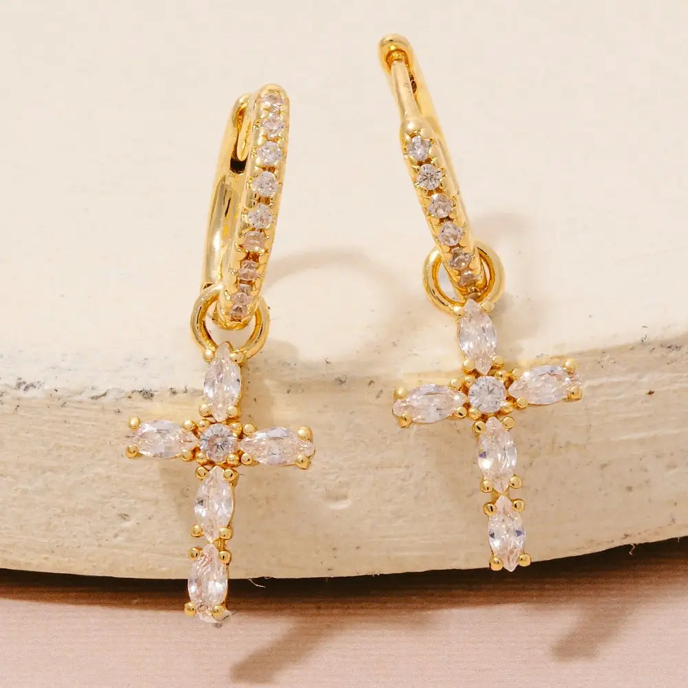 Gold Dipped Cz Baguette Cross Charm Hoop Earrings