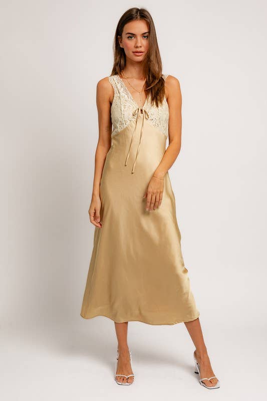 Sleeveless Deep Neck Lace Trim Detail Satin Dress