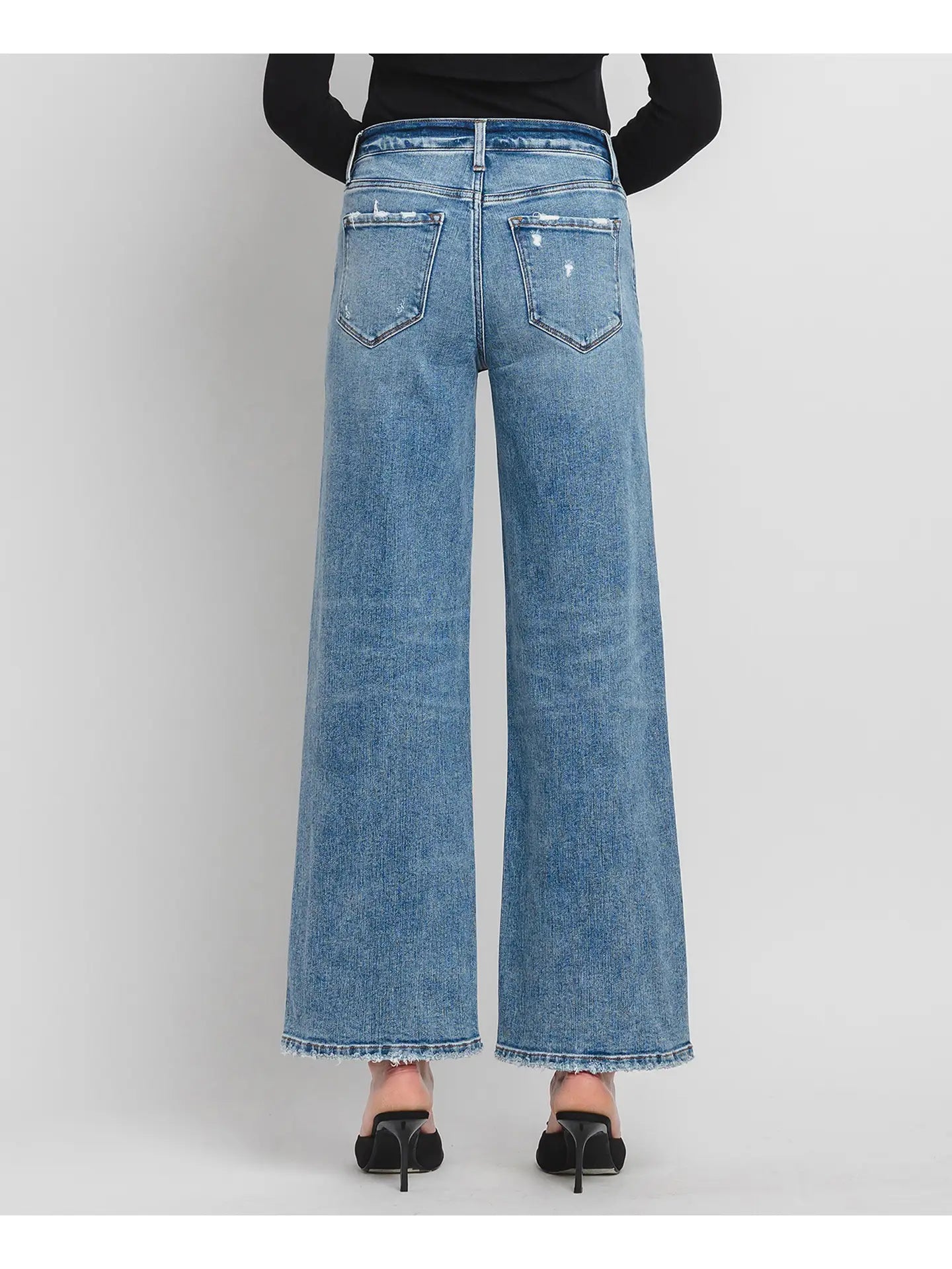 High Rise Medium Wash Full Length Wide Leg Jeans