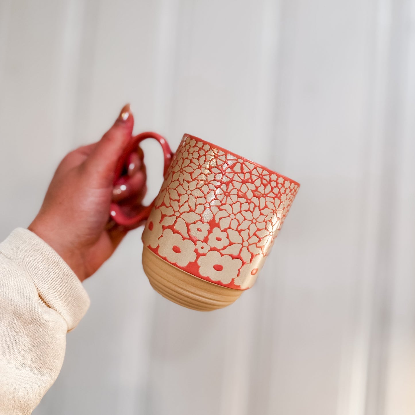 Abstract White Floral Pink Mug