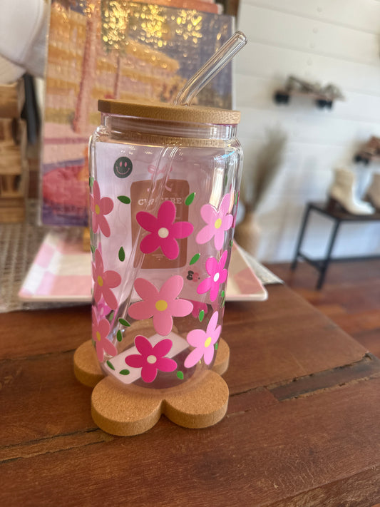 Pink Flowers 16oz Glass Cup