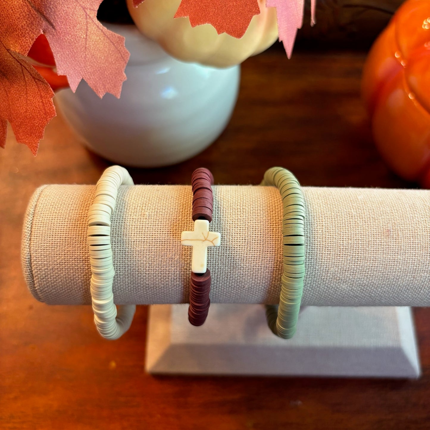 Gold, Green, Tan Cross Clay Beaded Bracelet Stack