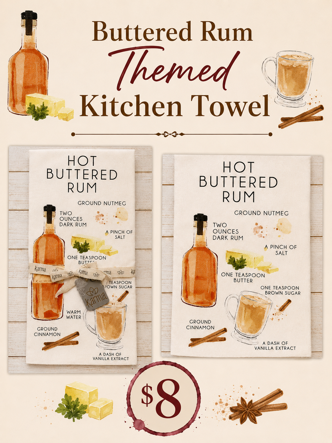 Rum Butter Themed Kitchen Towel