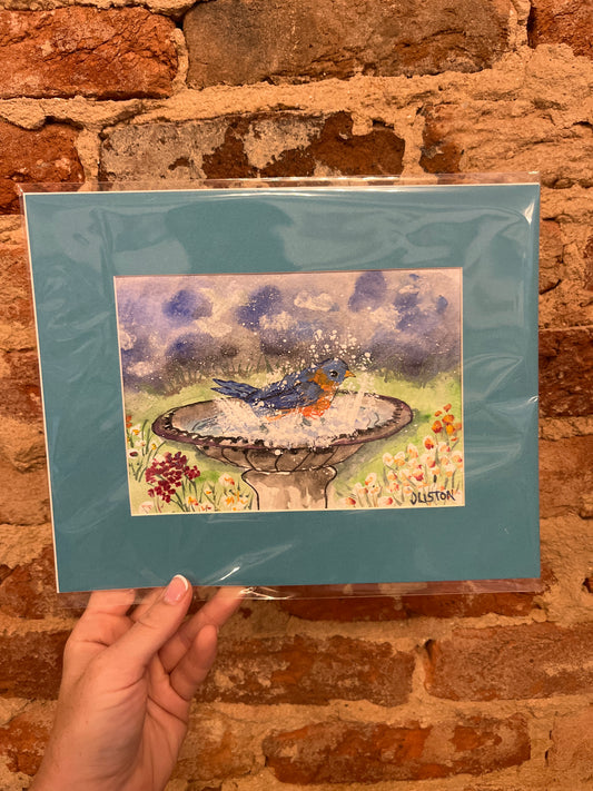 Horizontal Bird in Bird Bath - Blue Matted