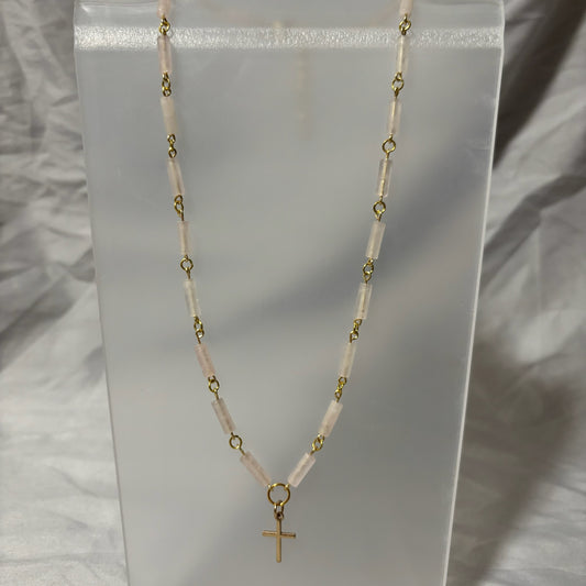 Cross Charm Necklace - Rose Quartz