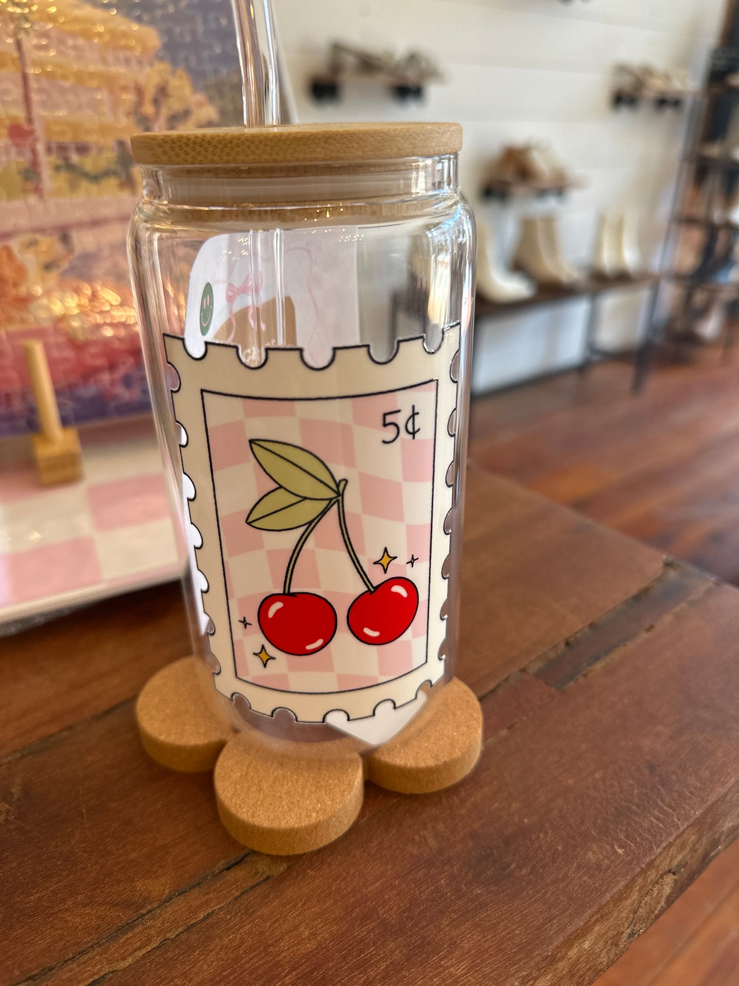 Cherry Stamp 16 oz Glass Cup