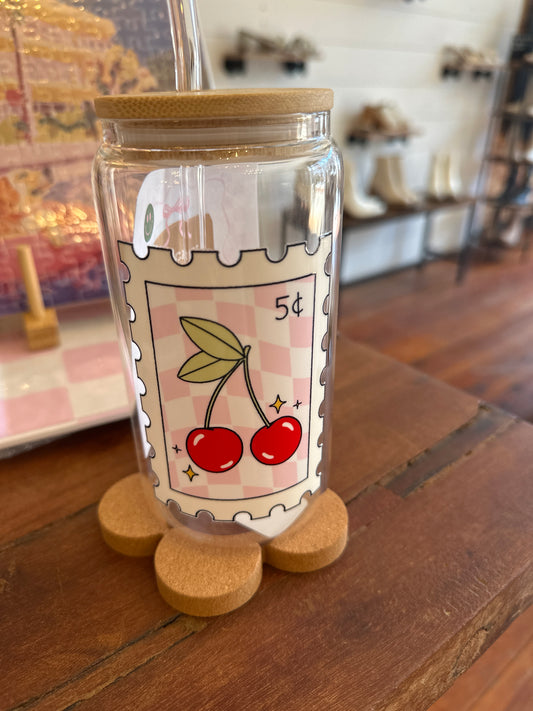 Cherry Stamp 16 oz Glass Cup