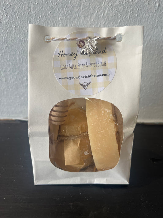 Honey Almond Goat Milk Soap, Body Scrub, and Reusable Honey Jar