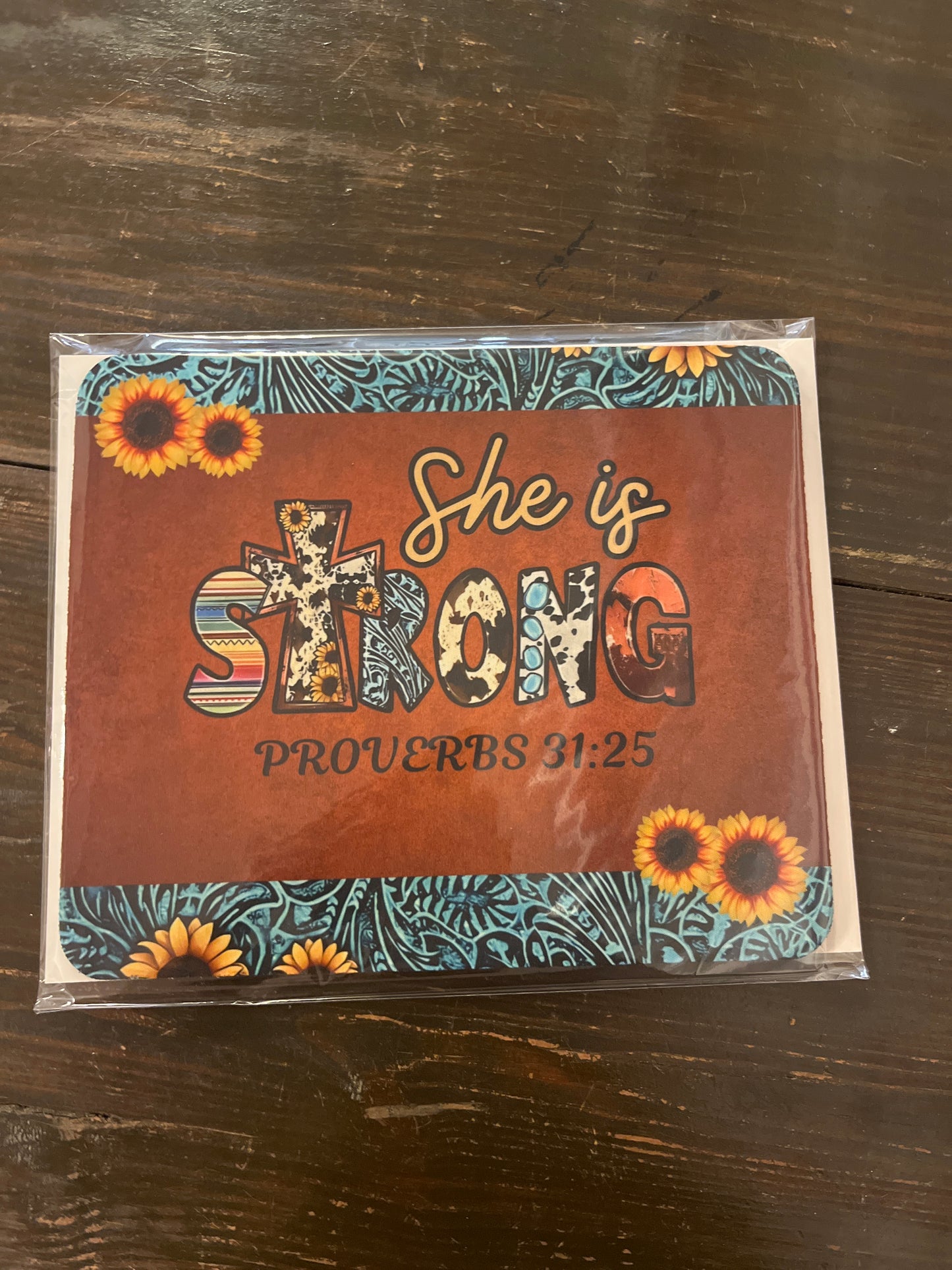 She Is Strong Mouse Pad – Western Proverbs 31:25 Design with Sunflowers & Cross