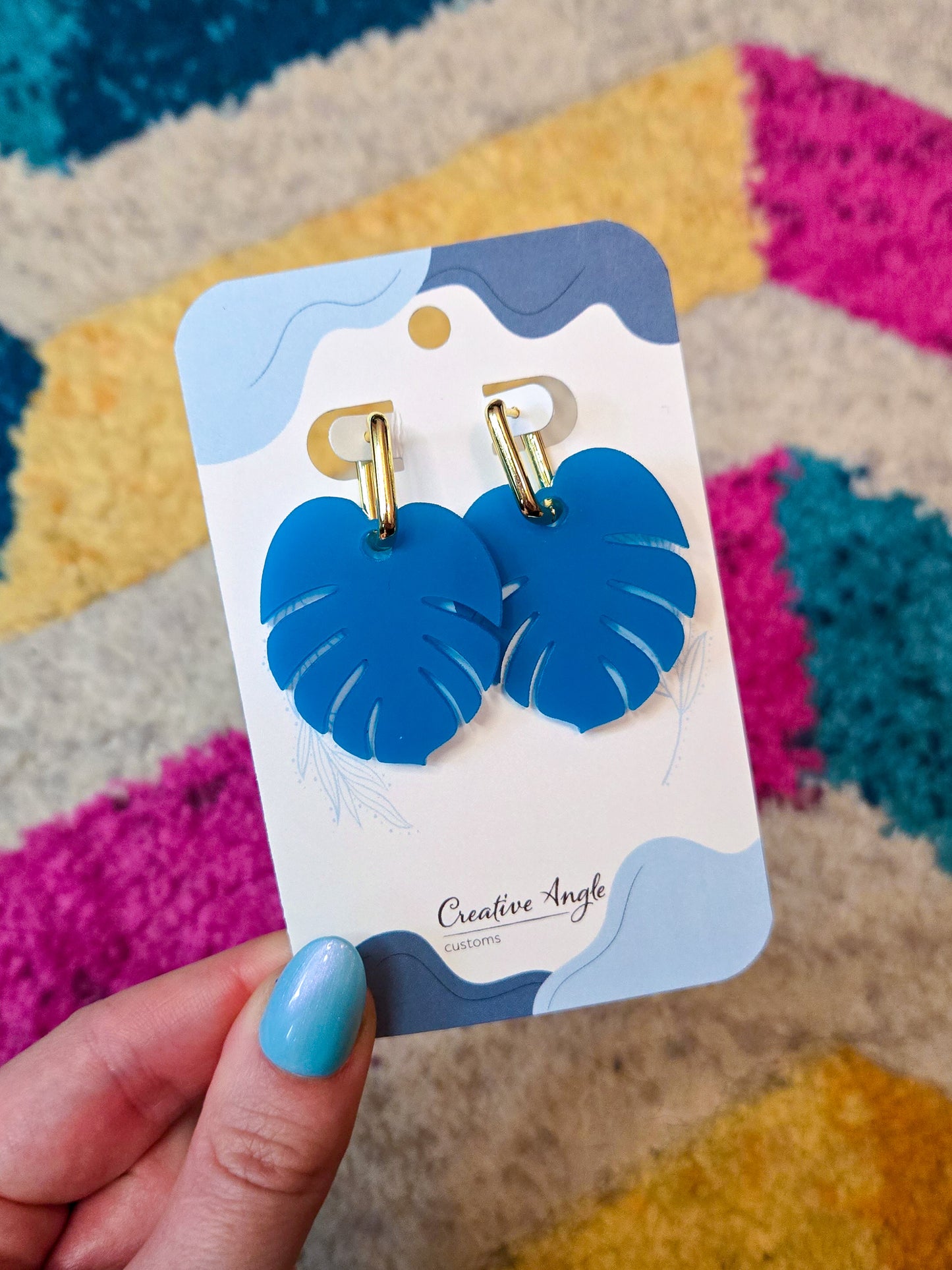 Teal Monstera Leaf Earrings