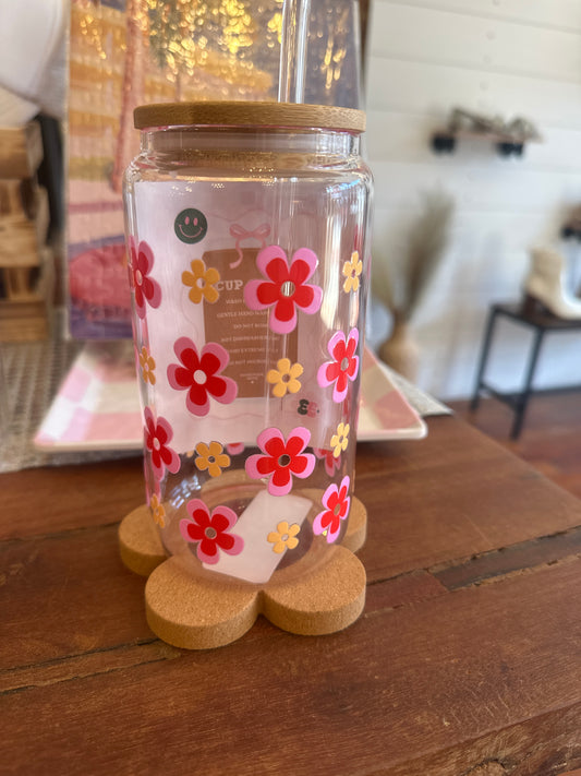 Retro Pink & Yellow Florals 16oz Glass Cup