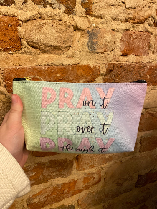 Pastel "Pray On It, Over It, Through It" Cosmetic Bag | Inspirational Zipper Pouch for Faith Filled Organization