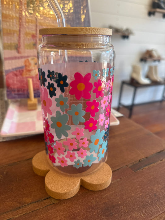 Retro Doodle Flowers 16oz Glass Cup