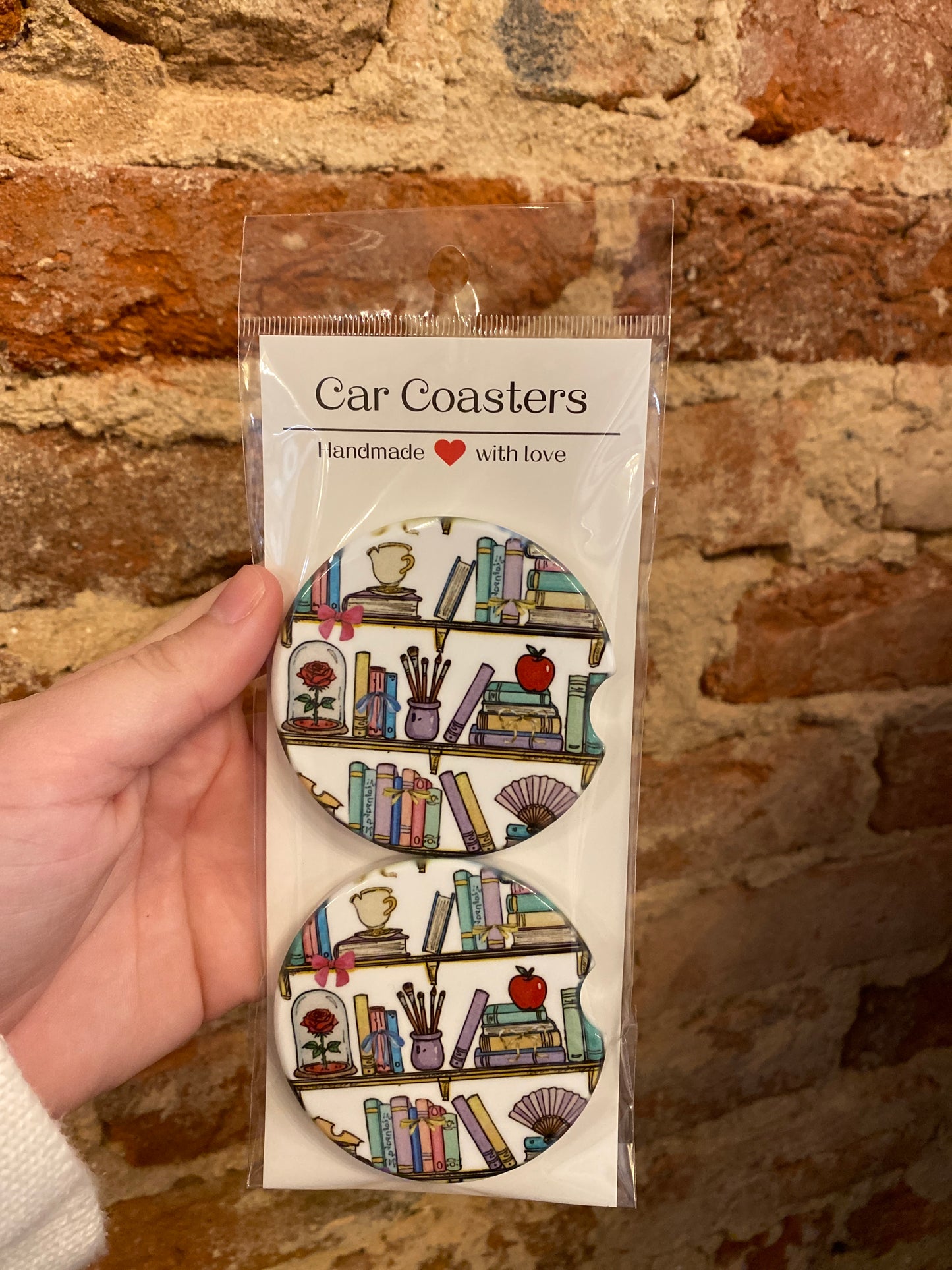 Bookish Bookshelf Car Coasters – Colorful Library-Inspired Design