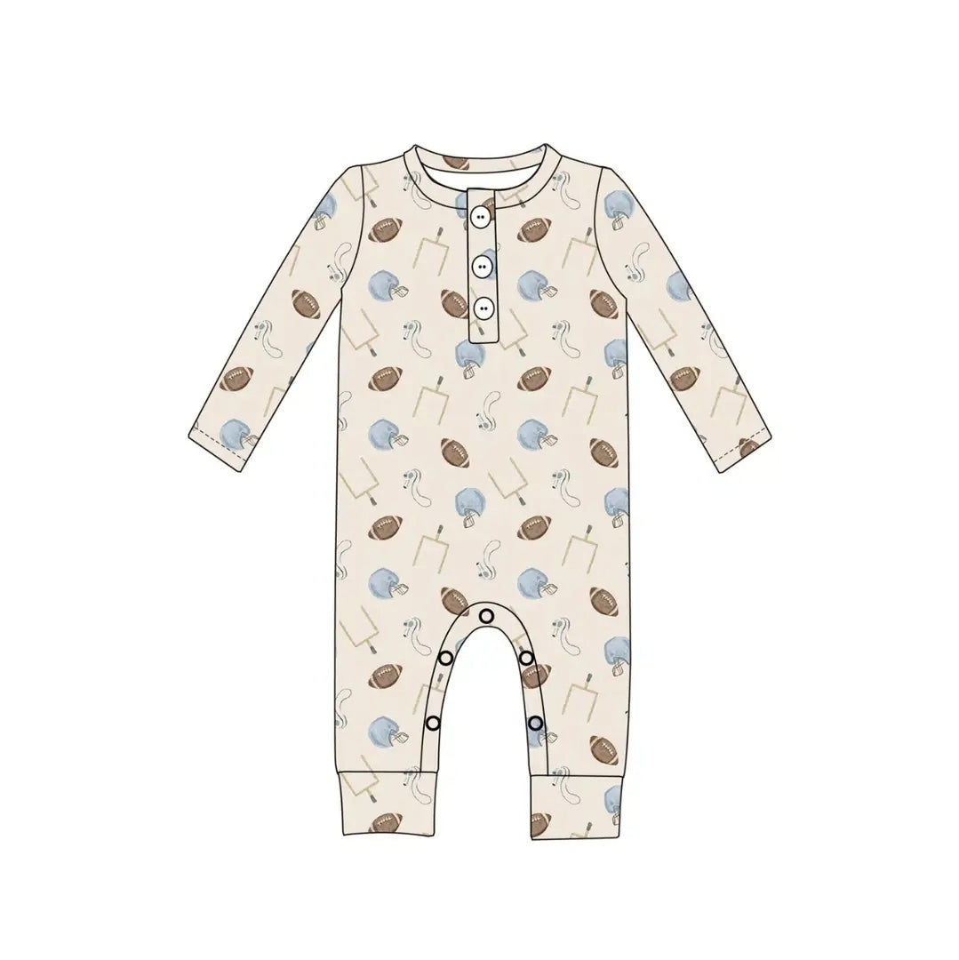 Bamboo Long Sleeve Romper - Football (Blue)