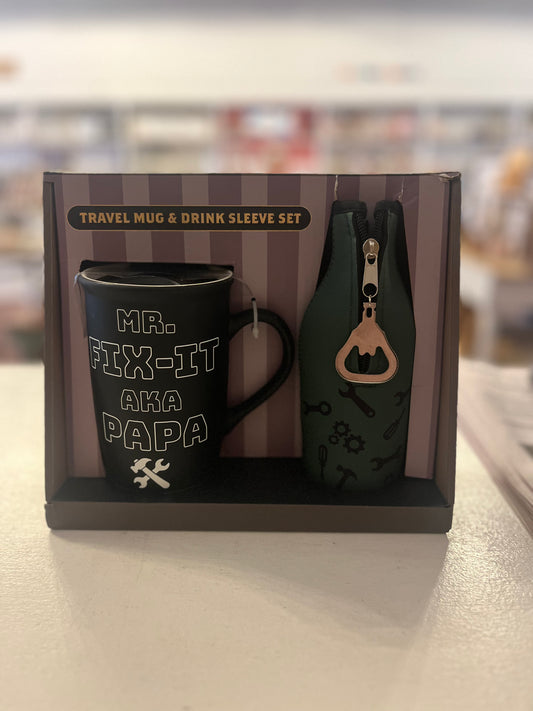 Mr. Fix It AKA Papa Travel Mug & Drink Sleeve Set