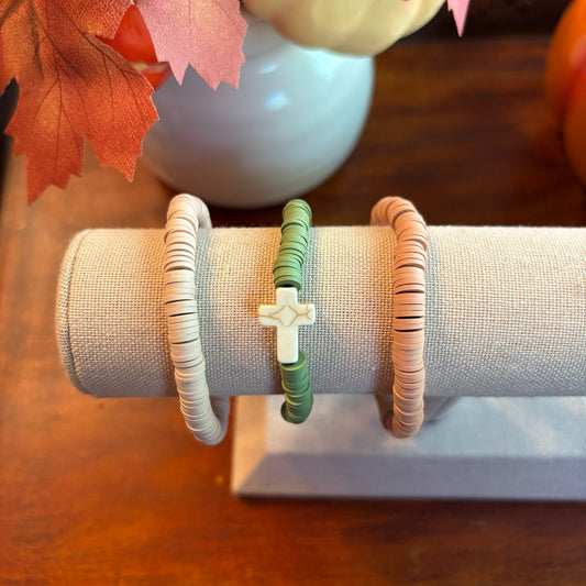 Green and Tan Cross Clay Beaded  Bracelet Stack