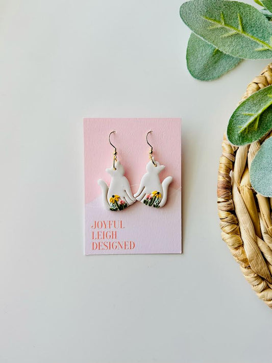 White Floral Cat Earrings