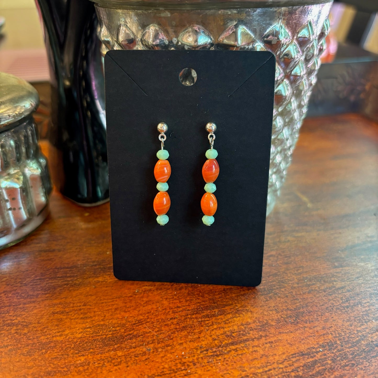 Showgirl Inspired Earrings - Small Orange and Teal Glass Beads