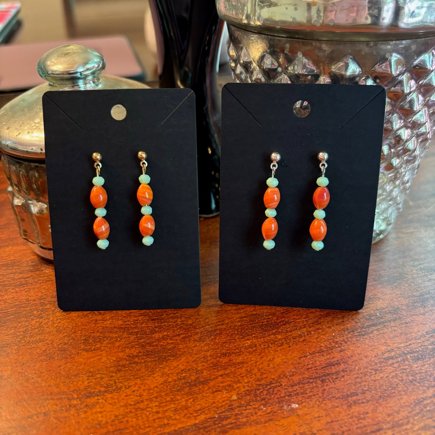 Showgirl Inspired Earrings - Small Orange and Teal Glass Beads