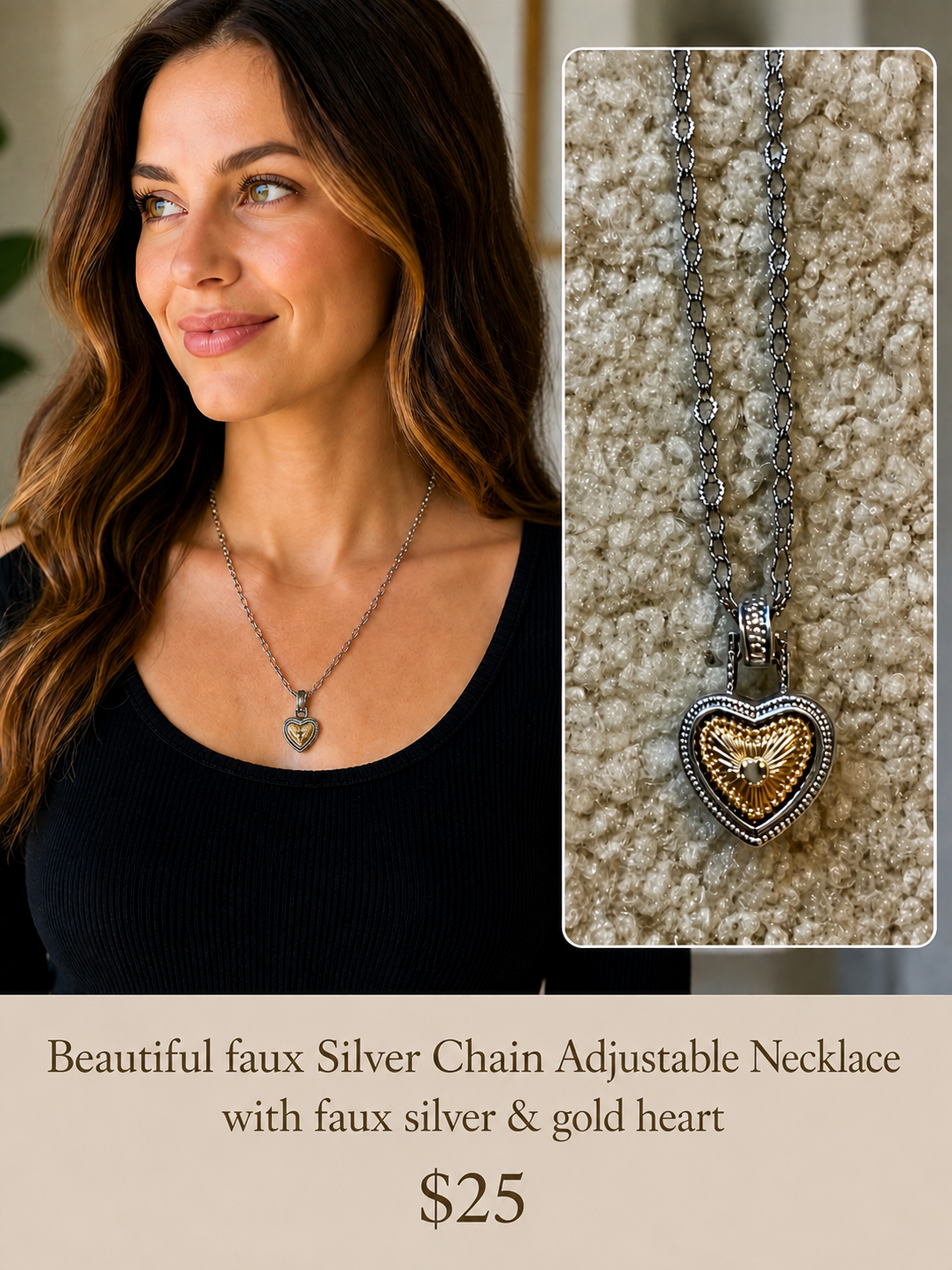 Faux Silver Chain Heart Necklace