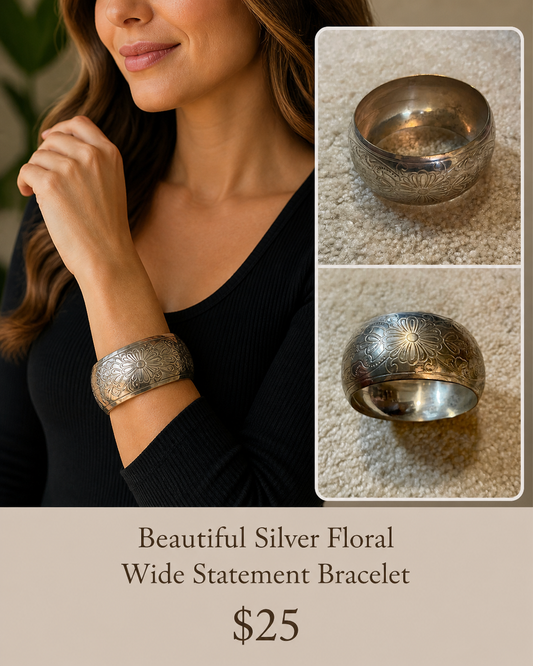 Silver Floral Wide Statement Bracelet