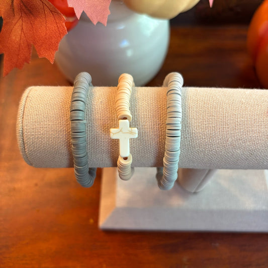 Tan and Gray Cross Clay Beaded  Bracelet Stack