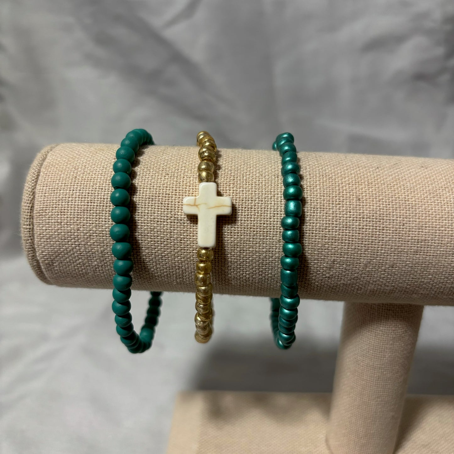 Teal and Gold Cross Beaded  Bracelet Stack