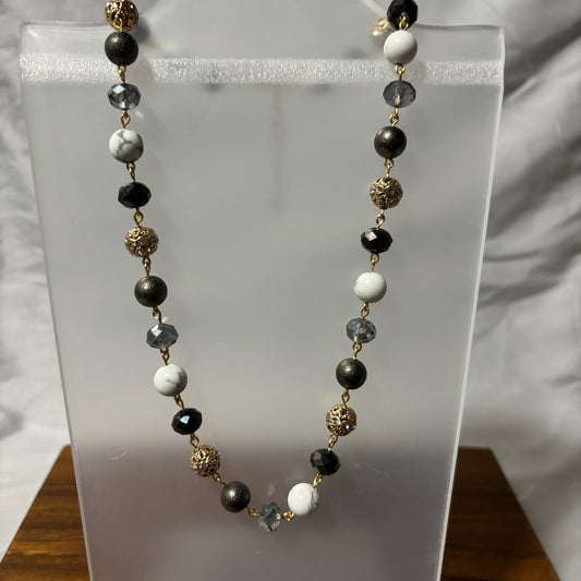White, Gray & Gold Beaded Necklace