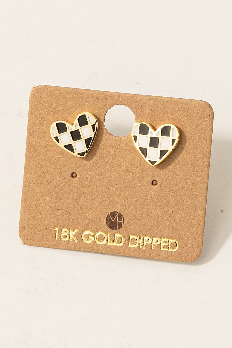 Gold Dipped Epoxy Checkered Heart Stud Earrings