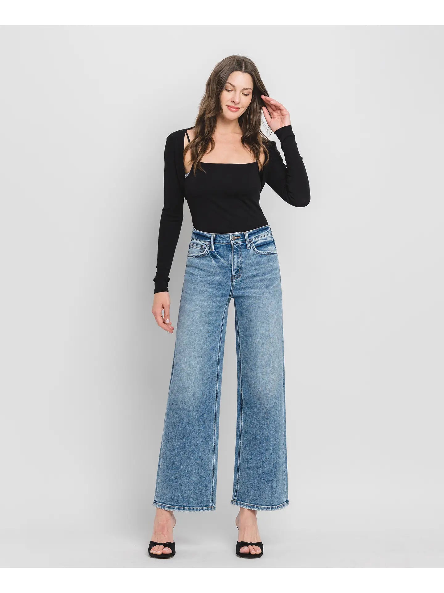 High Rise Medium Wash Full Length Wide Leg Jeans