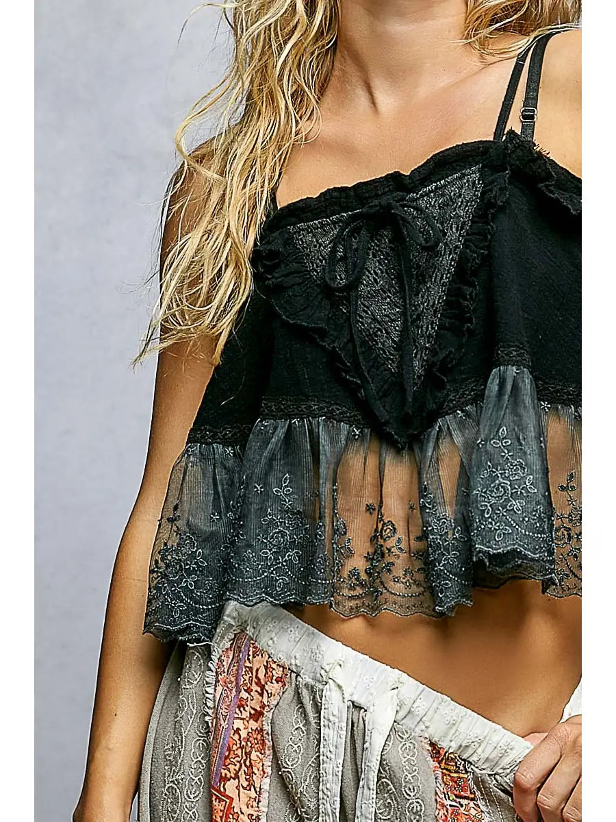Airy Gauze Adjustable Strap Lace Ruffle Sleeveless Top