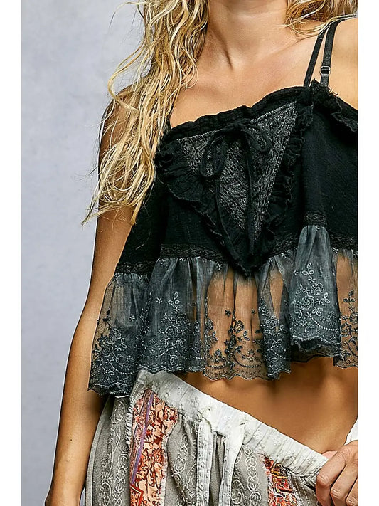 Airy Gauze Adjustable Strap Lace Ruffle Sleeveless Top