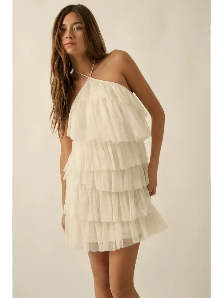 Floral Lace and Tulle Tiered Ruffle Halter Mini Dress