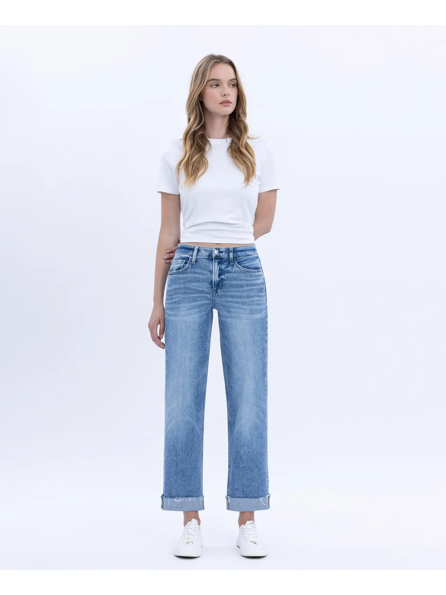 High Rise Cuffed Crop Straight Jeans