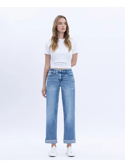 High Rise Cuffed Crop Straight Jeans