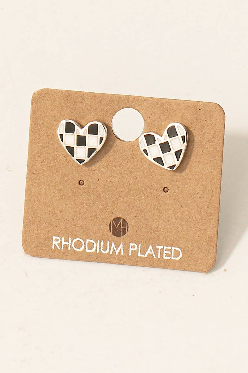 Gold Dipped Epoxy Checkered Heart Stud Earrings