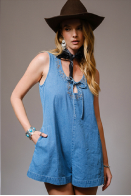 Embroidered Denim Romper