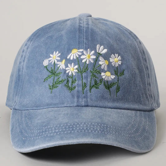 Daisy Bloom Embroidered Cotton Baseball Cap
