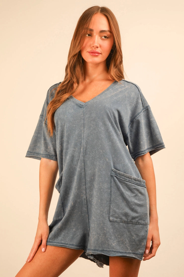 Mineral Washed Oversized Casual Knit Romper