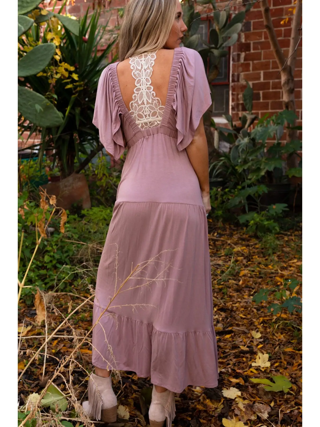 On Repeat Open Back Ruffle Maxi Dress - Mauve