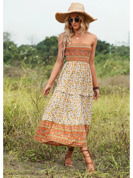 Orange Paisley Print Smocked Strapless Midi Dress