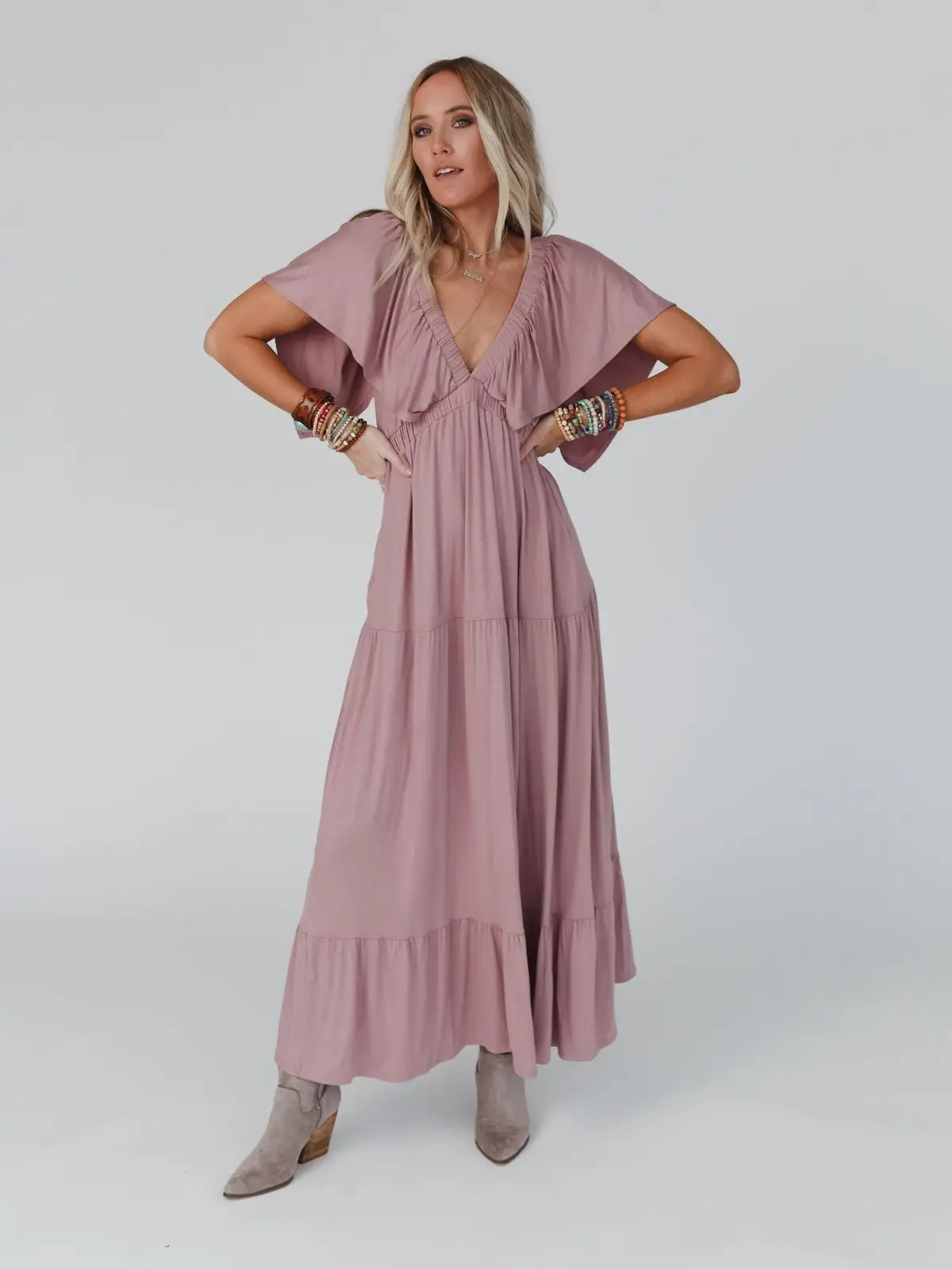 On Repeat Open Back Ruffle Maxi Dress - Mauve